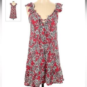 American Eagle Red Floral Lace Up Front Swing Dress - Small